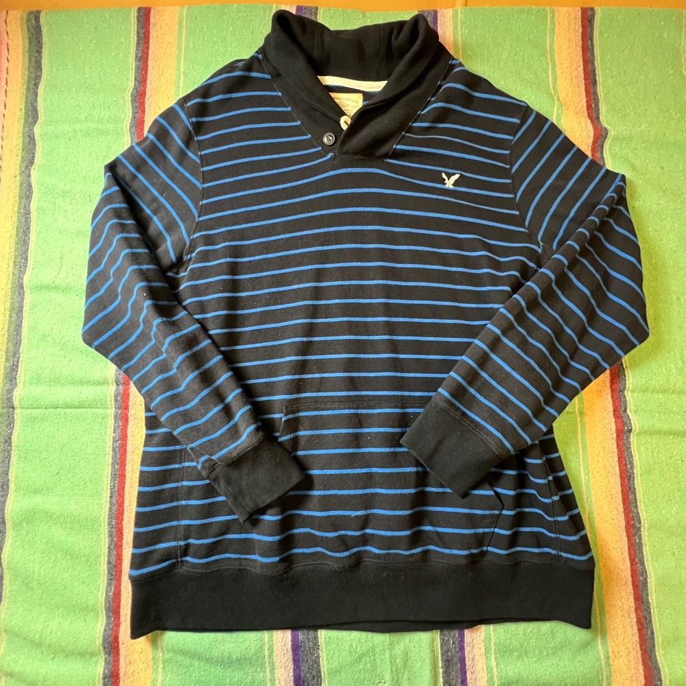 American Eagle Sweatshirt Mens XXL Black Blue Striped Shawl Collar Pullover Logo